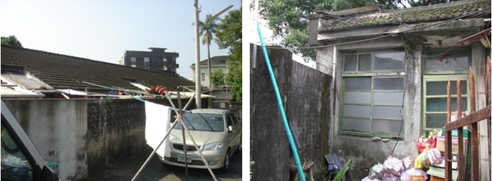 左圖：一樓連棟式磚造斜頂形式，後面有增建情形，其圍牆緊鄰活動廣場。 / 右圖：一窗一門的立面形式。（武營街71巷38號）