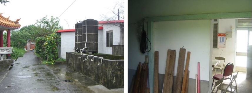 左圖：公共設施皆集中在眷村核心，右側為公共水槽，左側為蘭竹亭，端景處為公共厠所。 / 右圖：單身眷舍屬丁種眷舍型態，中間用木板隔間為一廳一房。