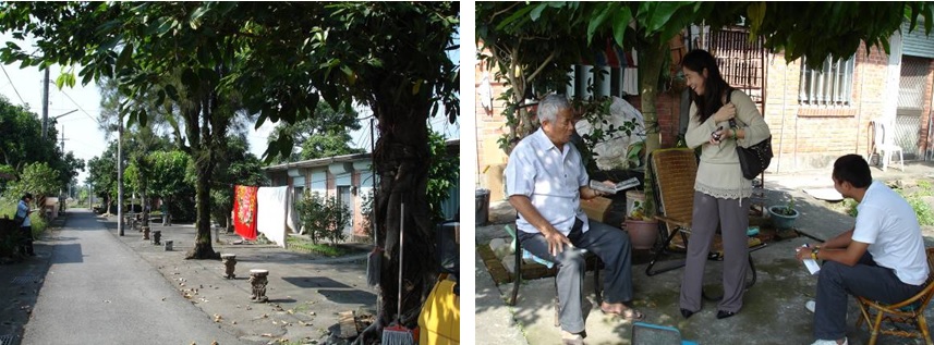 左圖：眷村主要通道(建軍路蘭竹新村)與單身眷舍之間的空地，列植6株喬木並放置大理石阻絶車輛進入，是眷村晒衣、聊天空間。 / 右圖：樹下空間放置許多可移動的椅子，平常閒話家常的好場所。