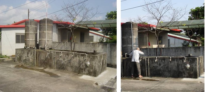 左圖：公共水槽復國新村北端，原日治時期北機場消防水槽(一座三槽)，後作為眷村公共飲水及洗衣用，並增設二座混凝土水塔。 / 右圖：眷村老伯伯在公共水槽刷牙漱口。