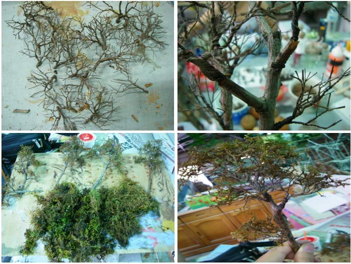 左上：鐵絲加工後。 / 右上：鐵絲與樹枝結合。 / 左下：防腐後的苔類。 / 右下：模型樹完成。
