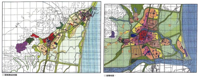 左圖：頭城礁溪地區的地區概念圖。摘自宜蘭縣總體規劃簡介 / 右圖：宜蘭地區的地區概念圖。摘自宜蘭縣總體規劃簡介