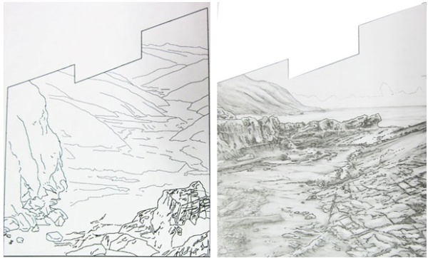 左圖：第一次線條稿 / 右圖：第二次素描單色稿