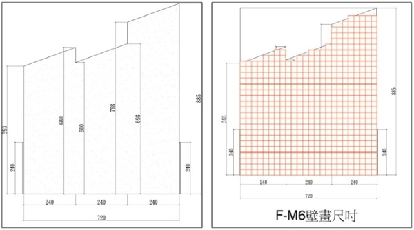左圖：壁畫詳細尺寸圖 / 右圖：格放格數
