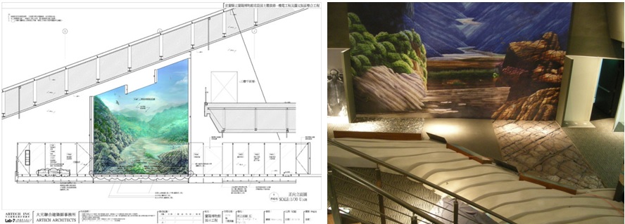 左圖：壁畫與前方實體造景情形的設計圖稿 / 右圖：原本大圖輸出的情形(資料來源：筆者自攝)