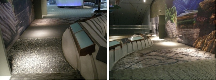 前面不同材質的鋪面，分別為礫石\沙石\豆腐岩造景(資料來源：筆者自攝)。