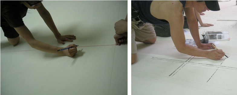 左圖： 丈量 / 右圖：放樣繪製圖面