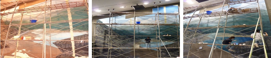 左圖：裱貼完畢後，以汽車補土填補畫面的接縫處。 / 中圖： 銜接顏色  / 右圖：整理畫面