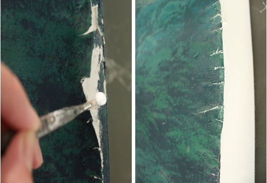 左圖：再以小筆將白膠填入 / 右圖：表面施壓貼平