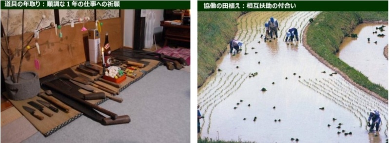 左圖：面對著道具跟它拜拜，透過這樣的儀式感受活著這件事情，因為活著才能使用道具，所以感謝道具。這樣一個感謝儀式每年都在進行。 / 右圖：因為人口少，所以村子裡的人都會相互幫忙種田。