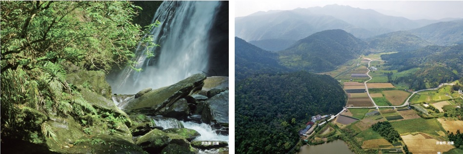 左圖：澳花瀑布。許浩倫攝 / 右圖：雙連埤周遭空拍地景。許智邦攝