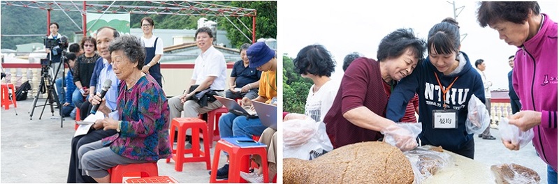 左圖：龜山島原住民阿嬤。 / 右圖：偵探林好幫忙為大家分食乞龜並帶大家體驗切乞龜的樂趣。