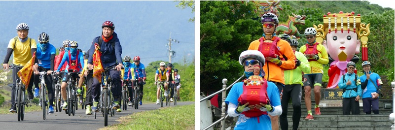 左圖：2019年「媽祖繞境，騎求平安」參與者穿越田野小徑的祈福路線。 / 右圖：手上捧著神尊的活動參與者於北方澳進安宮前。