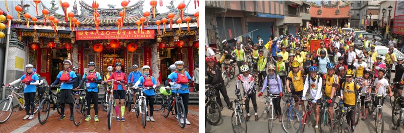 左圖：揹著媽祖神尊的參與者於宜蘭昭應宮前合影。 / 右圖：在利澤簡永安宮前留影的熱情參加者。