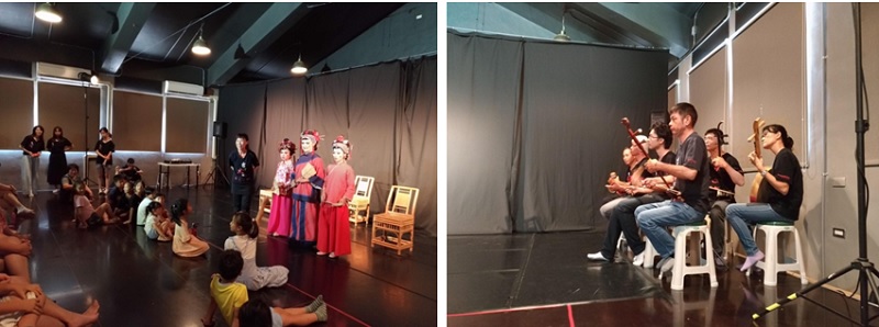 左圖：台灣戲劇館歌仔戲傳習班與觀眾互動。 / 右圖：台灣戲劇館歌仔戲傳習班的文武場。