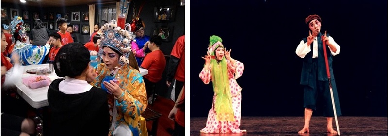 左圖：鄭英珠老師在環境教育課程活動上幫小朋友化妝。 / 右圖：鄭英珠老師與陳旺欉藝師演出〈桃花過渡〉，台灣戲劇館提供。