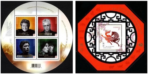 左圖：於2011年6月30日在加拿大發行的加拿大錄音藝術家(Canadian Recording Artists)圓形郵票。郵政博物館提供 / 右圖：於2002年1月3日在加拿大發行的八邊形馬年生肖郵票。(Chinese New Year - Year of the Horse)郵政博物館提供