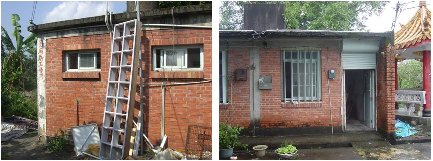 左圖：現存仍有使用之磚造公共厠所。 / 右圖：單身眷舍第一間原是眷村公共澡堂，現作為鄰長辦公室。