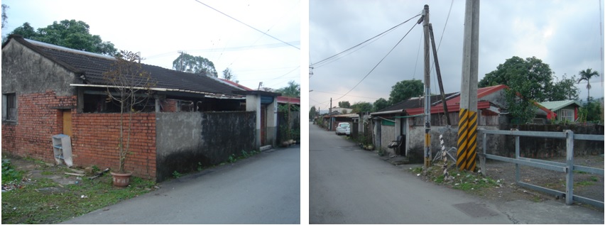 左圖：A棟眷舍（南側），並增建約3米前院前院，牆面以磚牆及混凝土為主要構材。 / 右圖：A棟眷舍（北側），以黑瓦為主要屋頂材料，後期以鐵皮屋屋頂修復及增建。