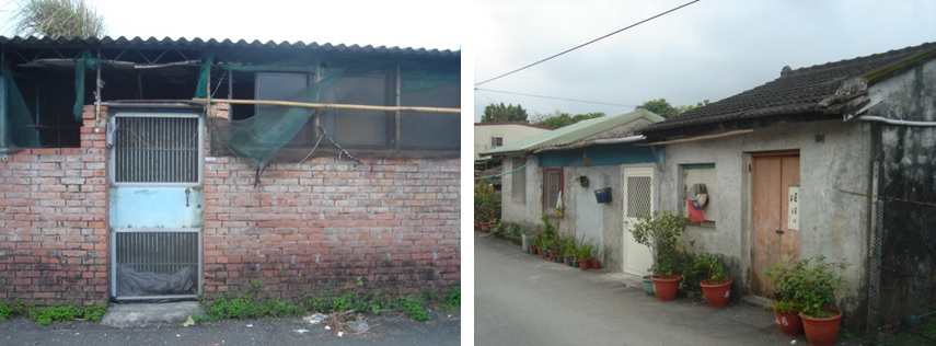 左圖：B-1棟10號磚牆圍牆及鐵門形式，並於前院上加蓋鋼浪版及窗戶。 / 右圖：B-2棟前院增建情形。