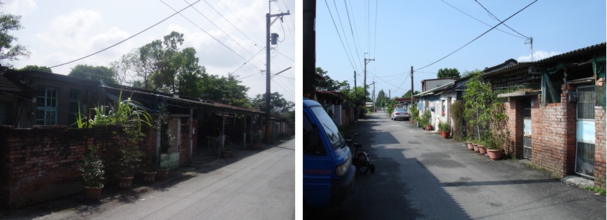 左圖：約54-55年興建 由泰山路天主教舊主會捐獻建造，一棟六戶，以乙種眷舍型態興建。 / 右圖：建軍路凌雲新村主要巷道，右側為B-2棟形式。