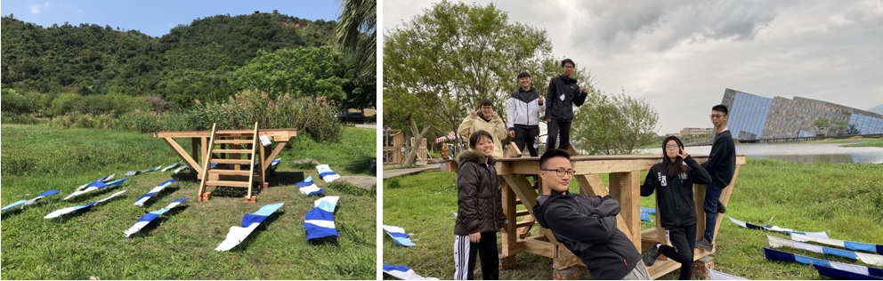 左圖：第一工務隊作品：浪。洋 / 右圖：第一工務隊的學生們與作品「浪。洋」合影