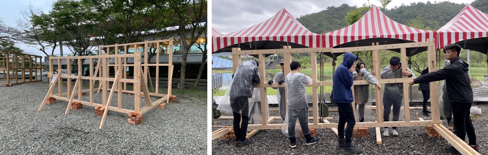 左圖：第二工務隊作品：「我為你撐傘」。 / 右圖：第二工務隊的學生們協力將作品完成。