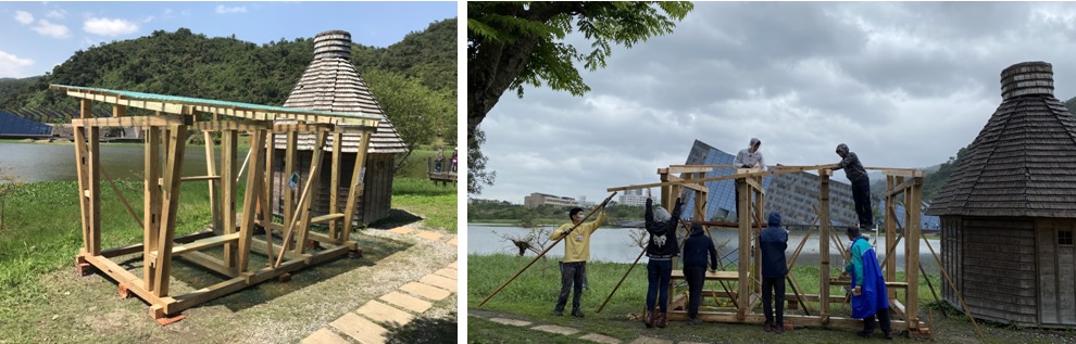 左圖：第三工務隊作品：「長亭。短停」。 / 右圖：第三工務隊的學生們協力將作品完成。