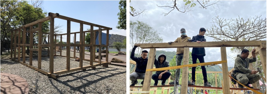 左圖：第四工務隊作品：「傳藝小屋」。 / 右圖：第四工務隊的大人們協同高一學生一起組建作品。