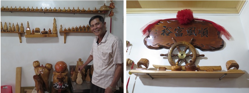 左圖：錦炎只用一臺電動磨木機及砂紙，創作許多的木工藝作品。 / 右圖：錦炎的木藝作品。