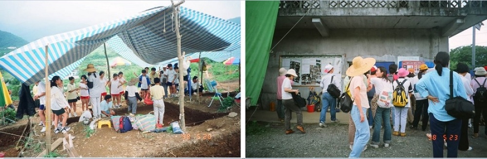 左圖：圖1- 2學校團體參觀發掘現場。 / 右圖：圖1- 3工作站前的展示看板。