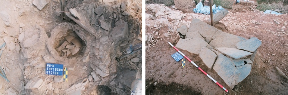 左圖：39號墓葬，甕棺形制。 / 右圖：11號墓葬，石板棺形制。