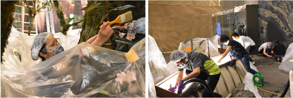 左圖：同仁使用小毛刷一片一片地清掃山之層森林大公寓的植物樹葉。 / 右圖：場地組對於館內展品縫隙間毫不馬虎。
