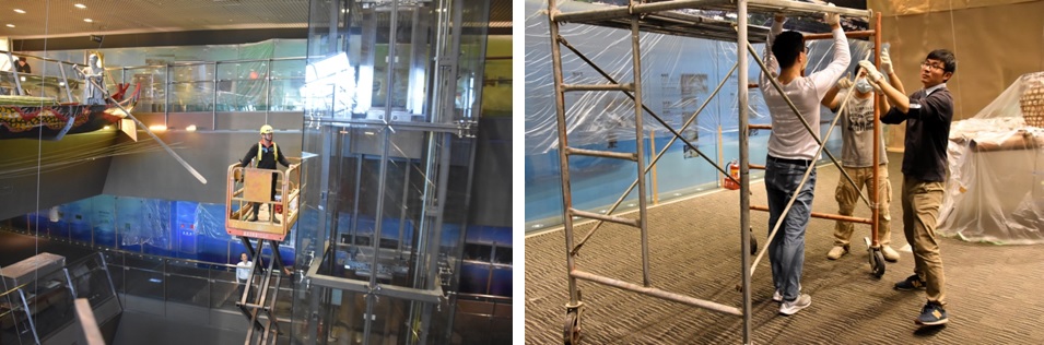 左圖：使用高空作業機的信實公司同仁。 / 右圖：「鷹架機動組」的壯丁們正在架設鷹架。