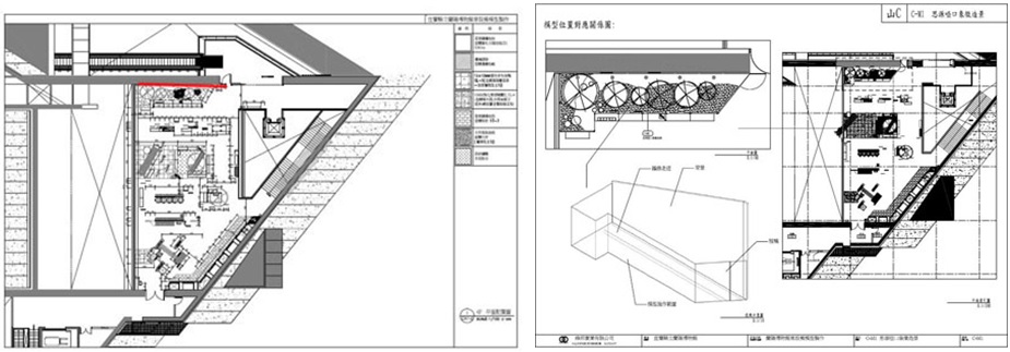 左圖： 四樓之平面圖(施作區域為紅線位置)  / 右圖：模型與壁畫關係平面圖