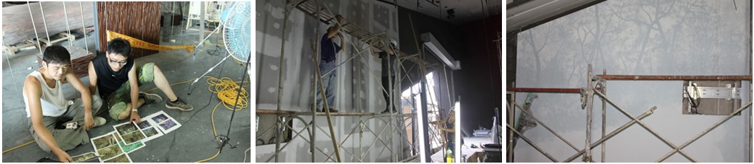 左圖：施工前討論   / 中圖：牆面的處理(批土\打模\清潔)   / 右圖：塗底漆後上第一層單色遠景