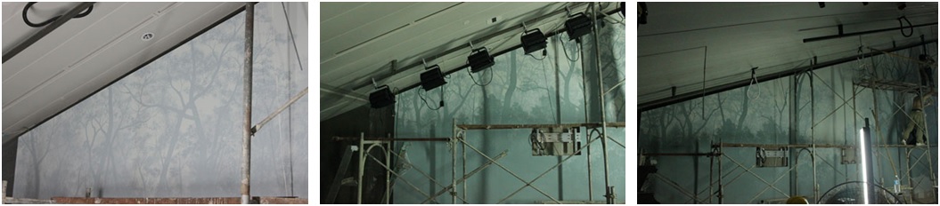 左圖： 第一層顏色再去增強明度、彩度，藉以強調出空間透視感，以及呈現出第二、三層遠景。 / 中圖：第四層的彩度已經強調出來了，拉近距離。 / 右圖：第四層全景，植物以剪影方式繪出外形。