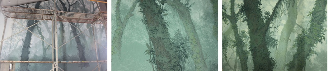 左圖：營造出迷霧森林的氣氛   / 中圖：加強光影、彩度   / 右圖：各層因繪製方式的差異性便能拉出景深