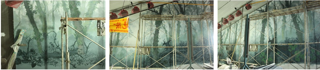 左圖：前景物體描繪   / 中圖： 銜接前景   / 右圖：前景加入色彩