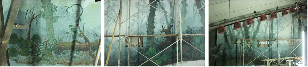 左圖：前景要與實體模型銜接，顏色要對應模型色彩。 / 中圖：色彩彩度增強，使距離拉近至前方。 / 右圖：觀看整體效果