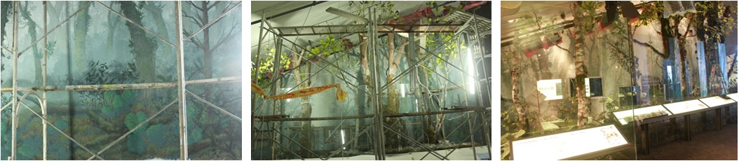 左圖：前景繪製完畢   / 中圖： 前景模型施工   / 右圖：前景與實體模型完工