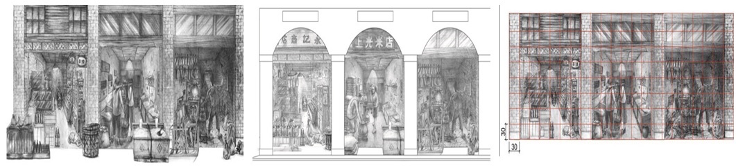 左圖：定稿   / 中圖：模擬前方實體商街造景情形的線條稿   / 右圖：設定格放位置