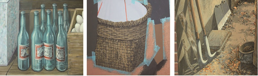 開始依據收集的資料進入細部的繪製，例如左圖雜貨店的商品，就要依據畫面設定的年代，去找尋當時對應的商品資料，才能進入細部的描繪。