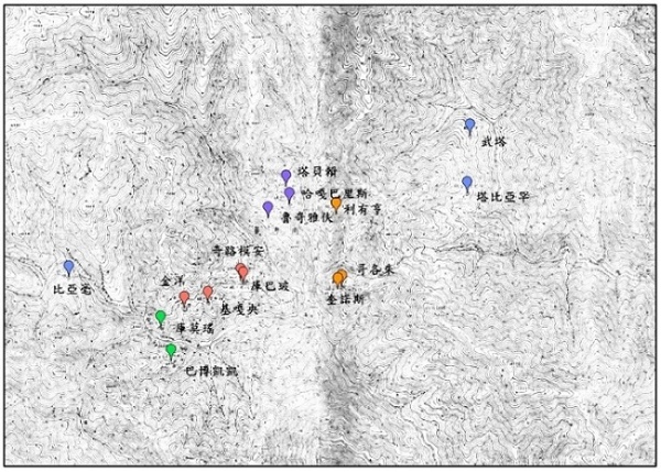 圖1–5南澳群泰雅族各部落分布。資料來源：中央研究院人社中心GIS專題中心「臺灣百年歷史地圖系統：蕃地地形圖」網站。
