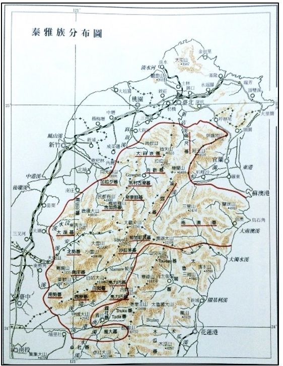 圖1–6泰雅族分布圖資料來源：臺灣總督府臨時臺灣舊慣調查會著，中央研究院民族學研究所譯，《蕃族調查報告書》第五冊：泰雅族－前篇(臺北：中研院民族所，2012），頁xxvii。本圖可知南澳群泰雅人的領域範圍北與蘭陽平原相接，東濱海，南大致以大濁水溪為分界，溪以南為太魯閣族領域，西以三星山為界，以西為溪頭群泰雅人領域。