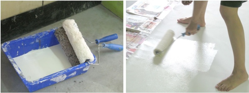 左圖：底漆工具 / 右圖：以毛滾筒均勻地刷上底漆於畫布上，需上兩層。