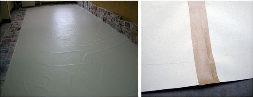 左圖：自然陰乾 / 右圖：乾燥後，將欲打稿的圖面背後以膠帶相接合。