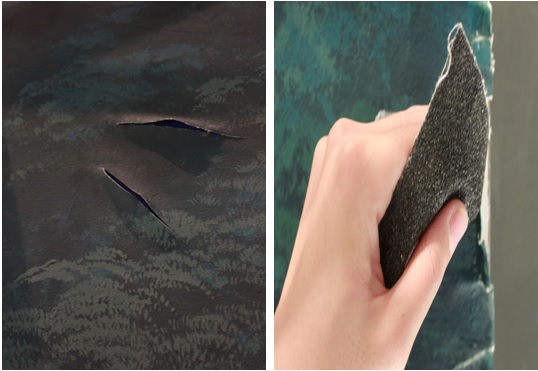 左圖：有氣泡處以刀片切割開，使空氣排出。 / 右圖：以粗號數砂紙將銜接面打模，使其粗糙。