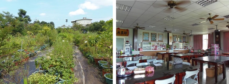 左圖：農場裡的藥草園 ，2019年攝。 / 右圖：教室暨展售中心，2019年攝。