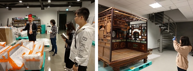 左圖：余敘平老師解說暫存區文物擺放的注意事項 / 右圖：實習期間在做文物搬遷前的文物狀況記錄